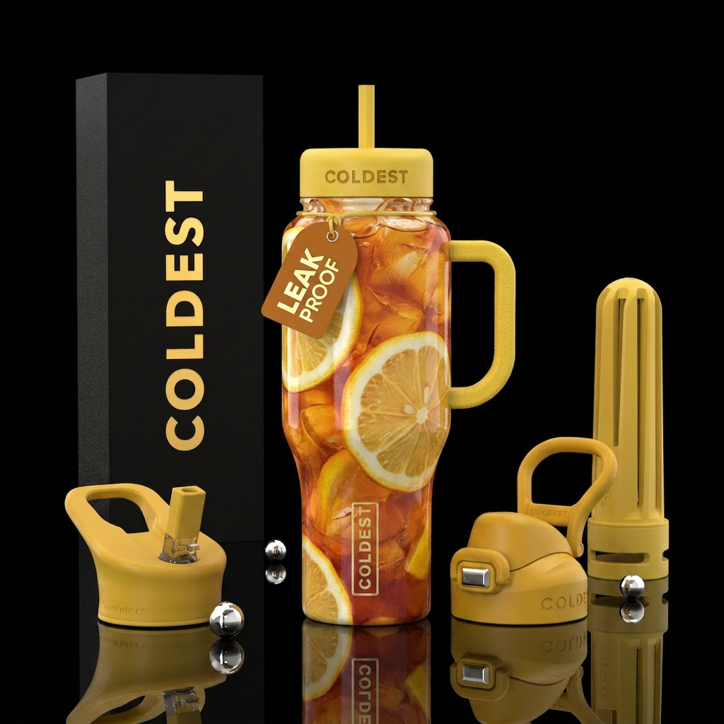 Dweet tea w/ a lemon sliced up, textured water bottle design