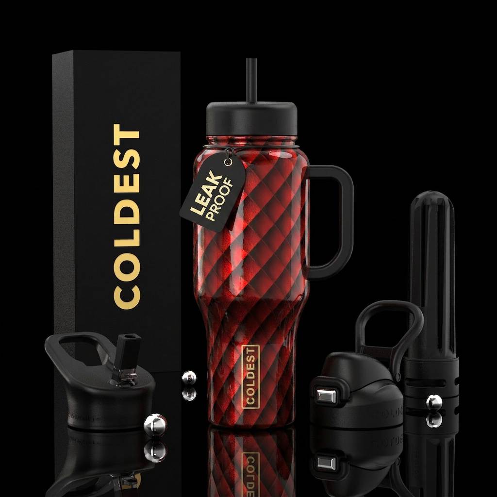 Red shiny bottle, Diamonds black red textured water bottle design