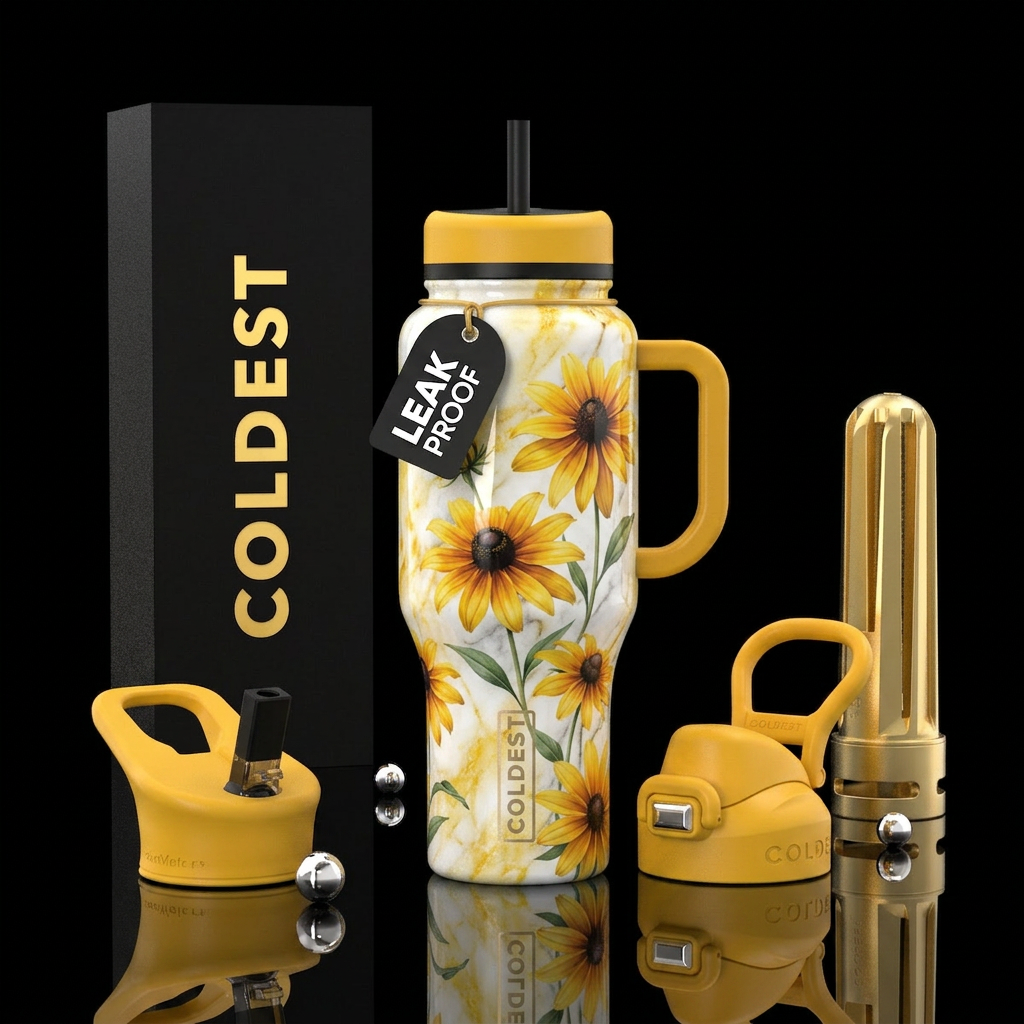 Black eyed Susan on a white & yellow shiny texture... water bottle design