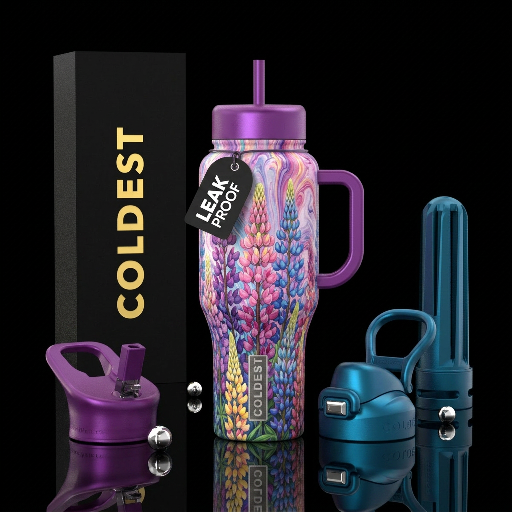 Multi colored Lupines, marching marble, textured, ... water bottle design