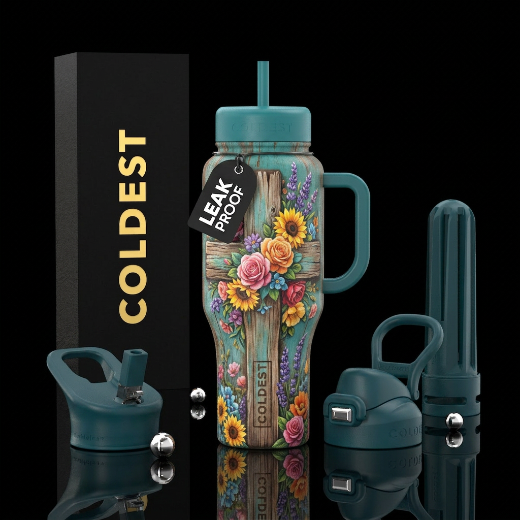 A brown wooden cross teal faded brown with multico... water bottle design
