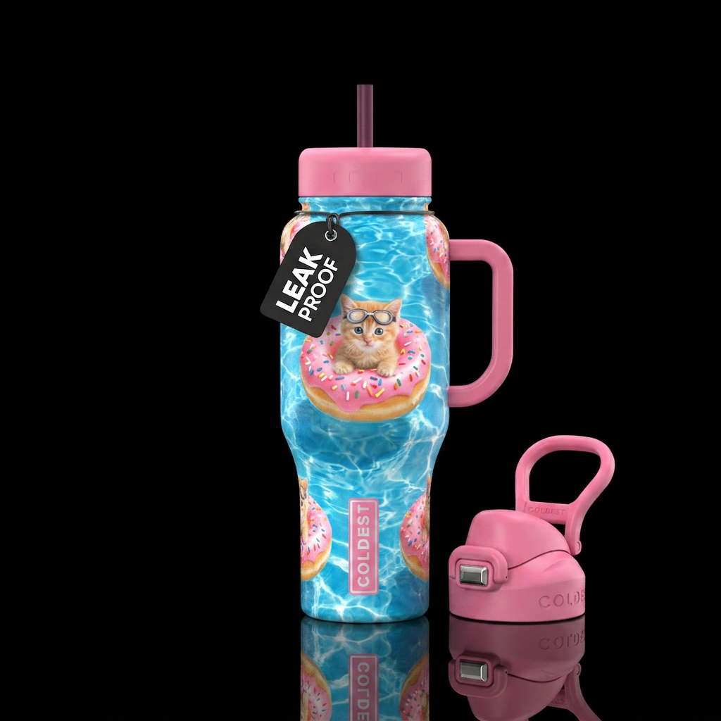 Kitten floating on a sprinkle donut in a swimming ... water bottle design