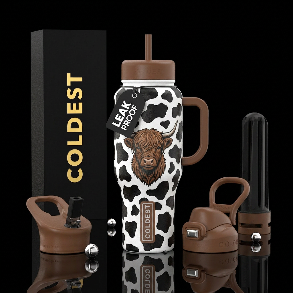 Black & White Cow print with a brown highland cow ... water bottle design