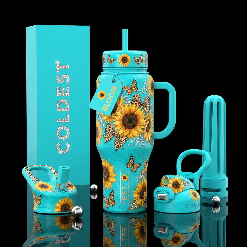 Sunflower banquet,  leopard bow, turquoise backgro... water bottle design