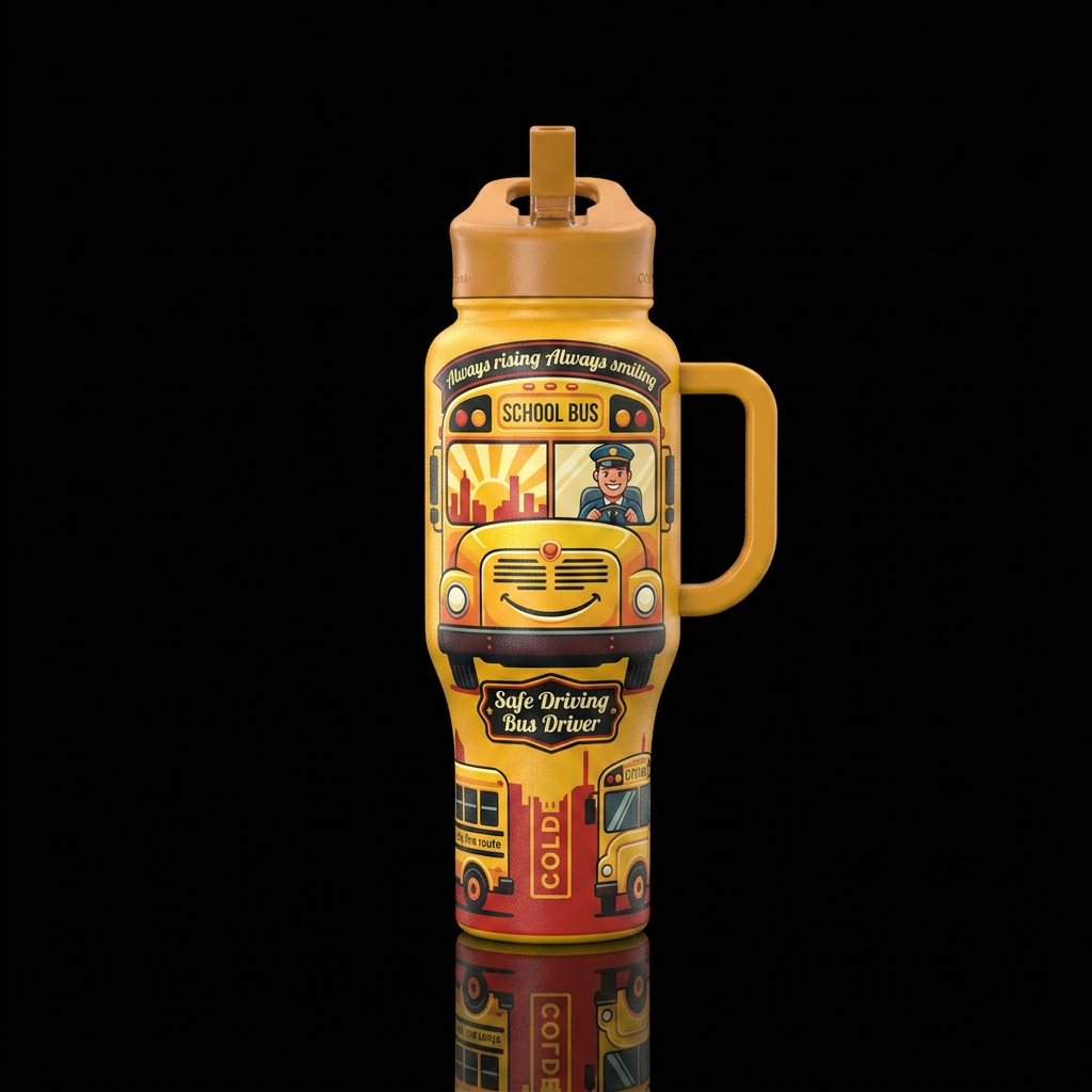 School Bus, Always rising Always smiling, Safe Dri... water bottle design