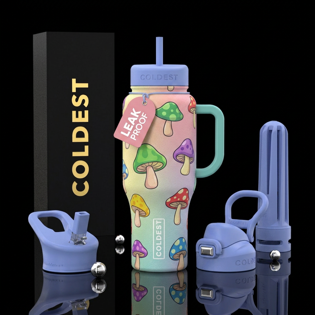 Toon mushrooms, soft colors kid like textured water bottle design