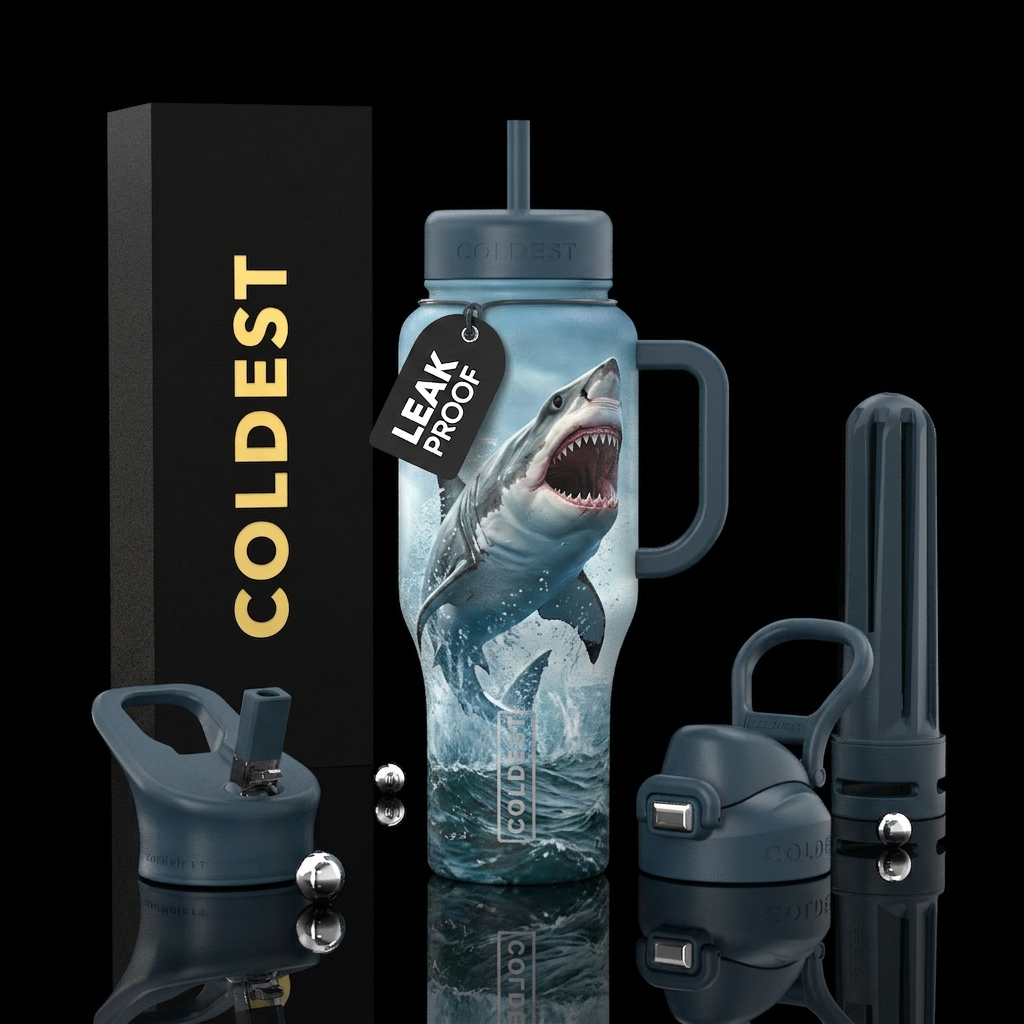 3D Shark jumping out of the water w/ mouth open, t... water bottle design