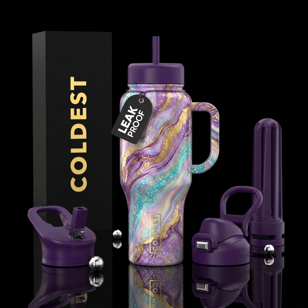 Marble, luxurious, whimsical, sparkly, water bottle design