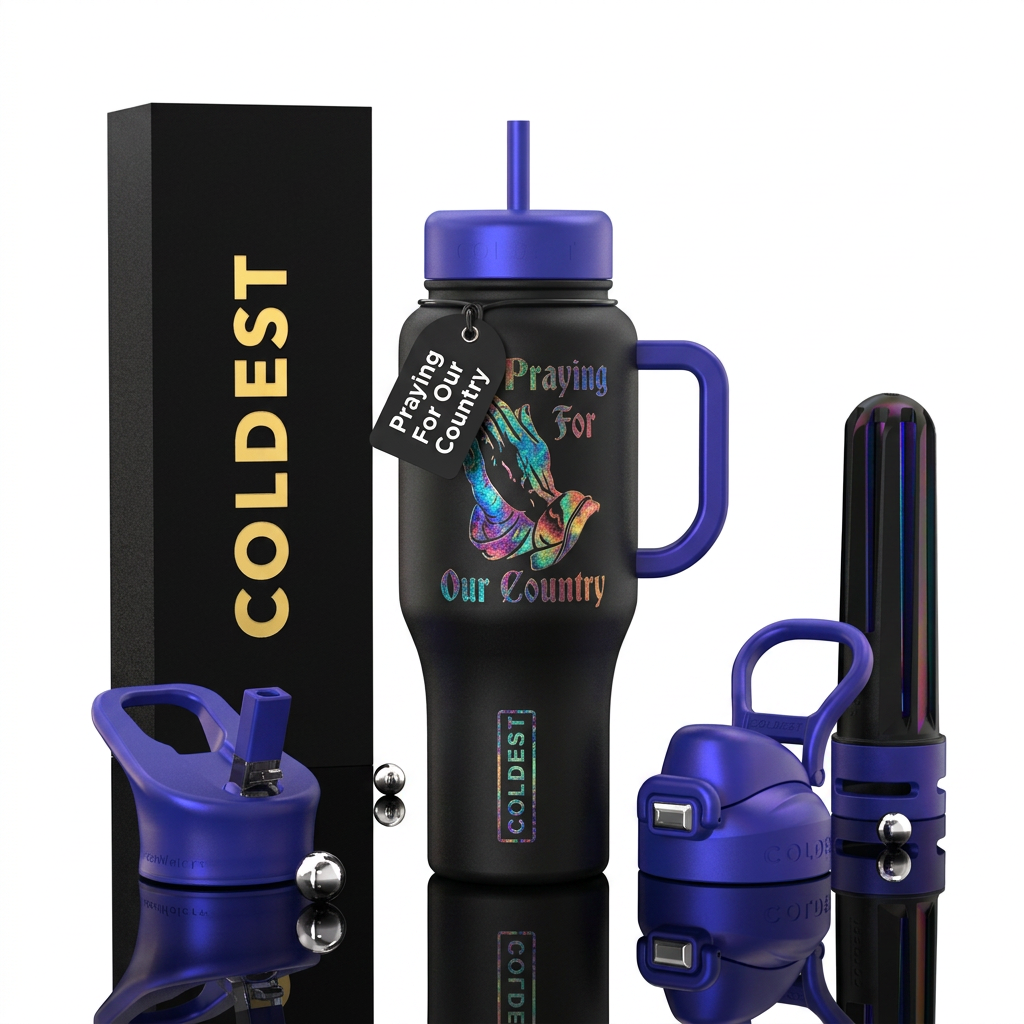 Prayers hands, words "Praying For Our Country" tex... water bottle design