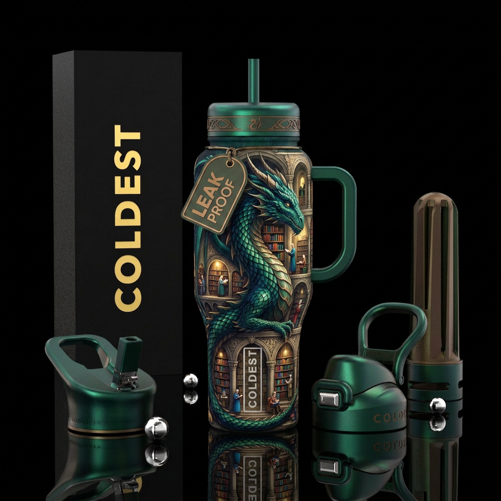 Dragon shaped library  people reading textured water bottle design