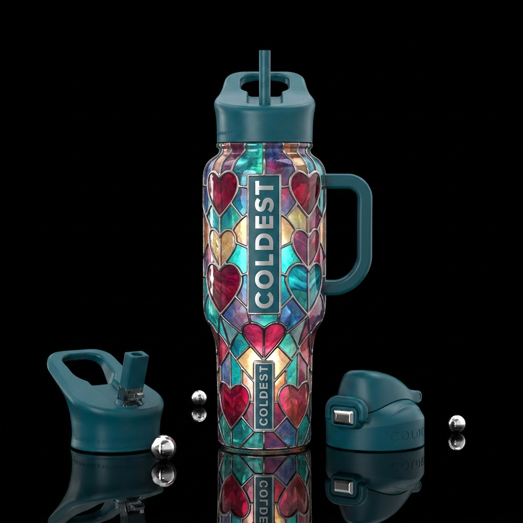 Glowie, hearts stained glass water bottle design