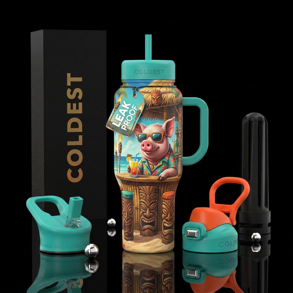 Pig in shades, clothesat a tiki bar, beach, drink,... water bottle design