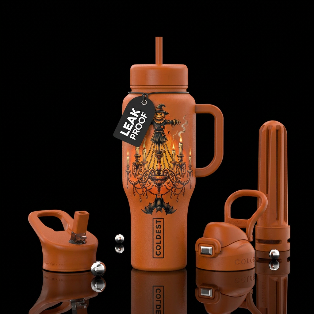 I Chandelier pumpkin a bat hanging down a scarecro... water bottle design