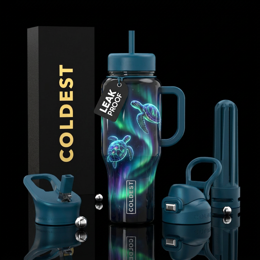 Glowing Arora on dark glass & turtles water bottle design