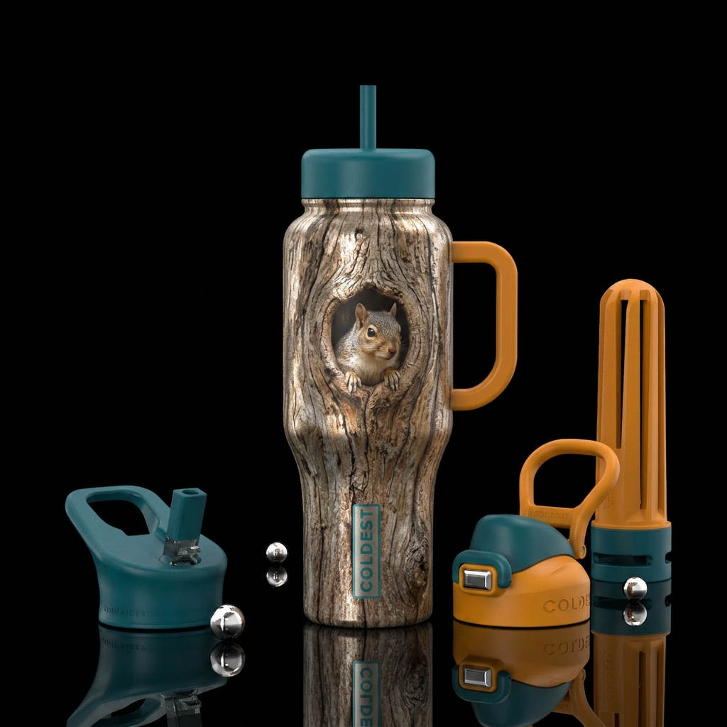 Squirrel in a hole of a tree, textured water bottle design