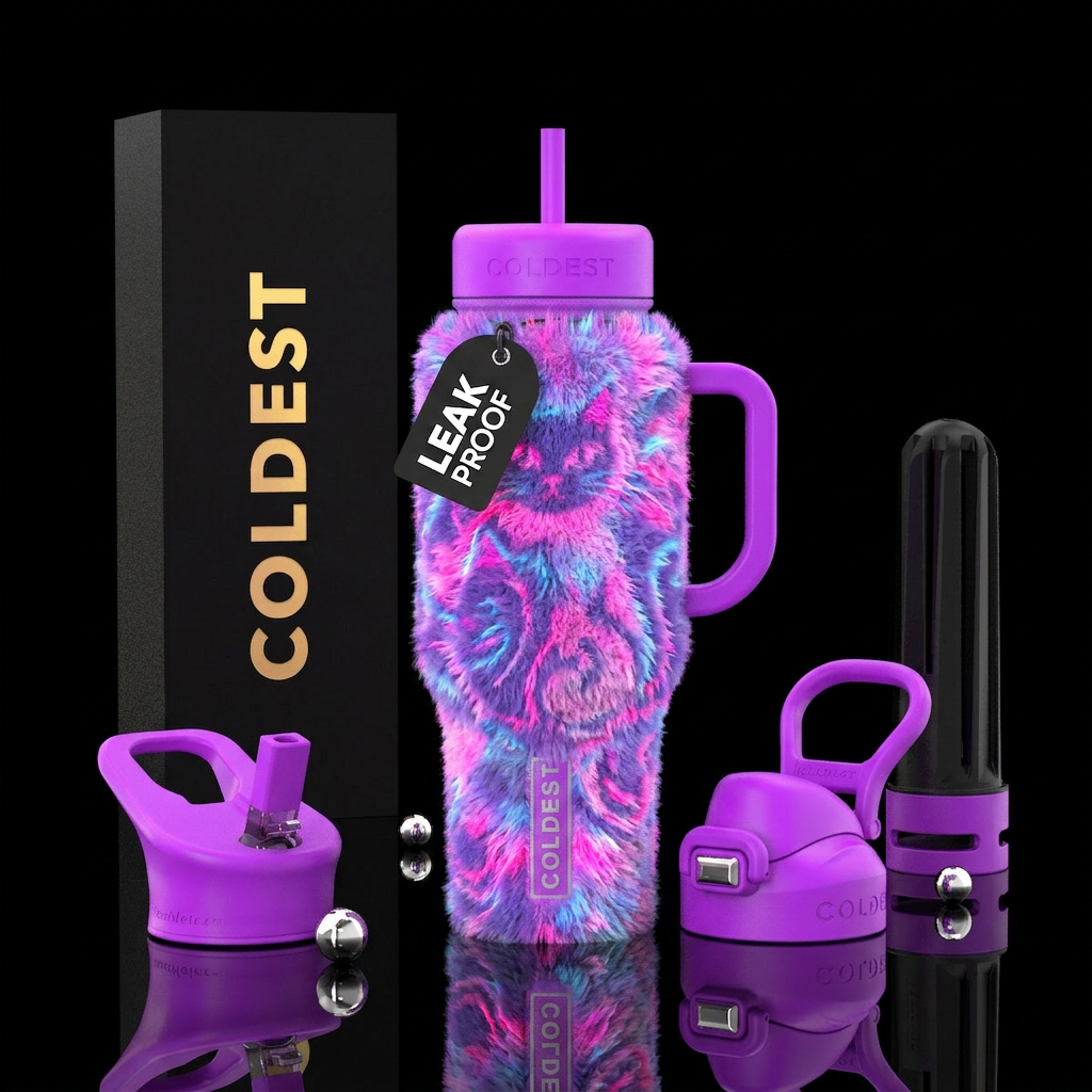 Cat glowie modern fluffy textured water bottle design