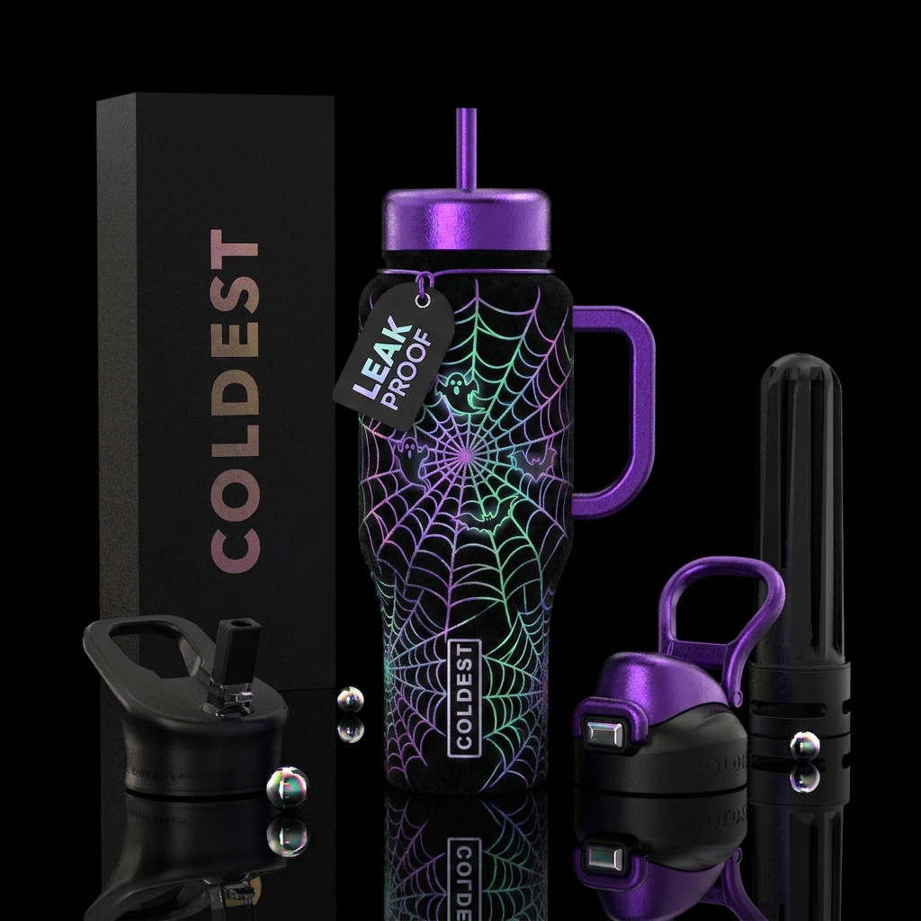 Haunted glowing web, textured,  vibrant water bottle design