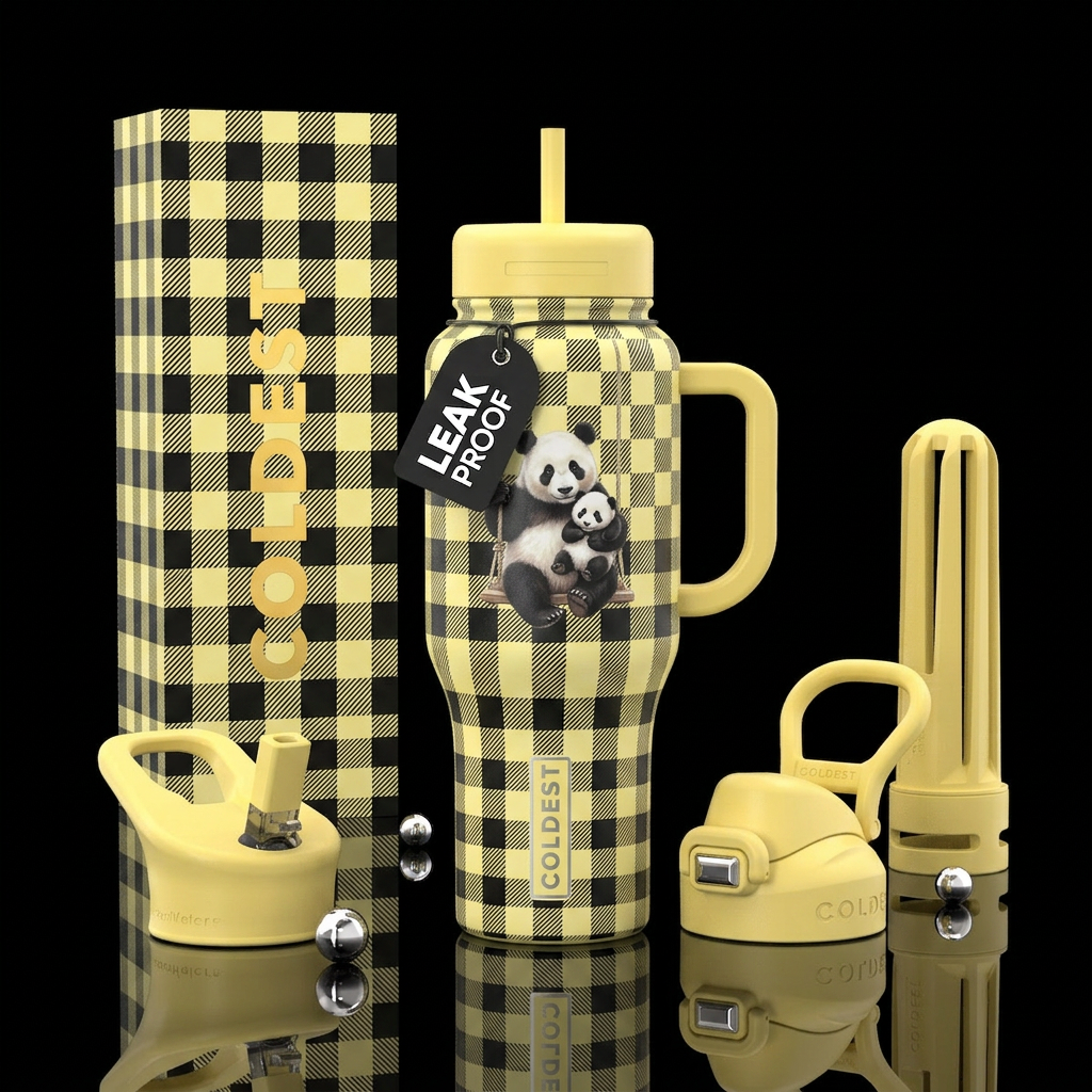Light yellow & black checkers, Mama & baby panda o... water bottle design