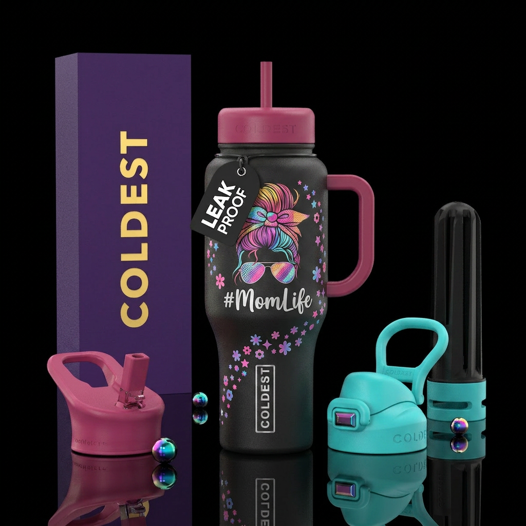 Hair, shades, colorful,  words " #MomLife" water bottle design