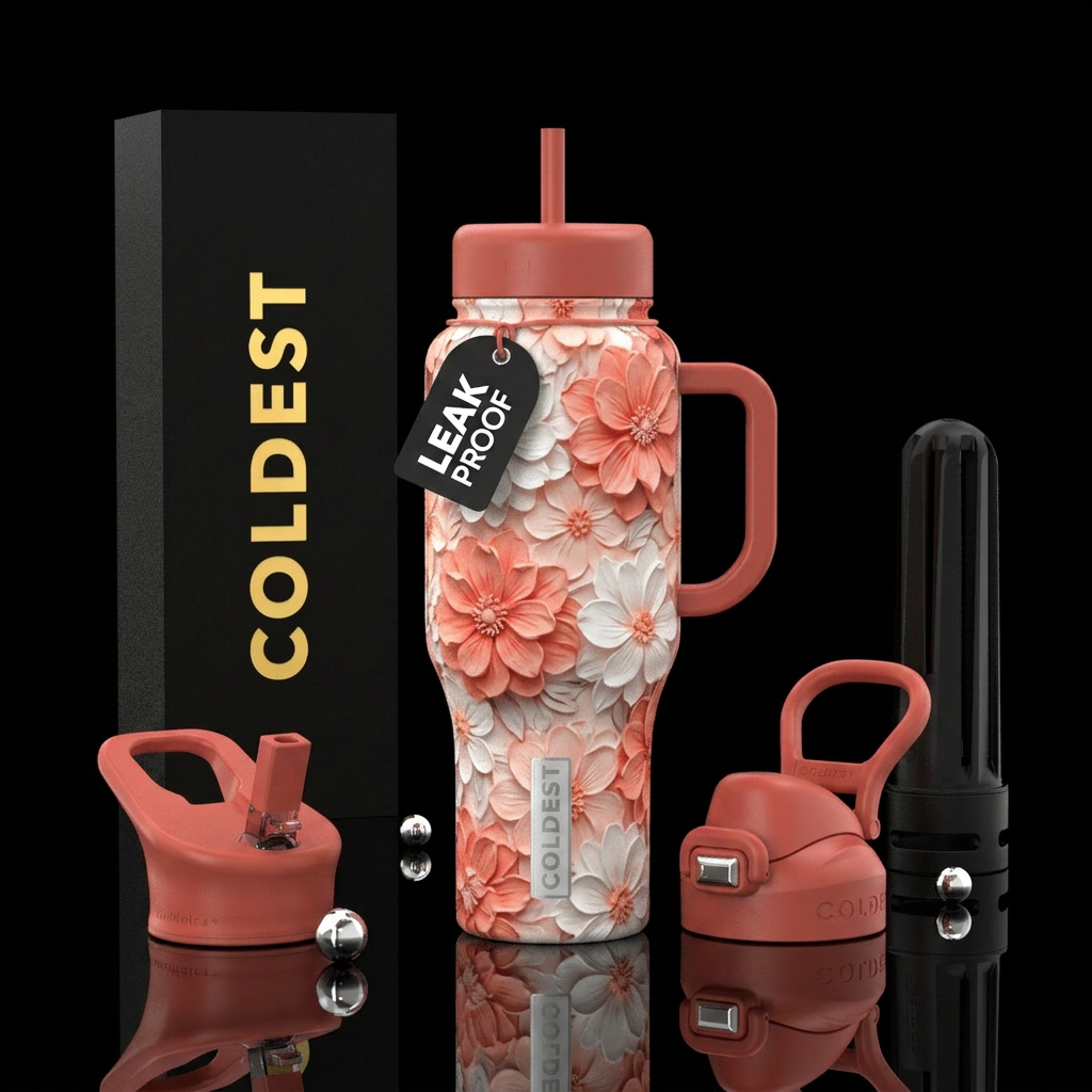 Coral & white colored flowers, beautiful,  shadow,... water bottle design