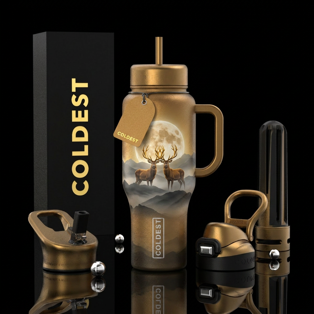 2 Buck, Golden horns, mountains, moonlight, textur... water bottle design