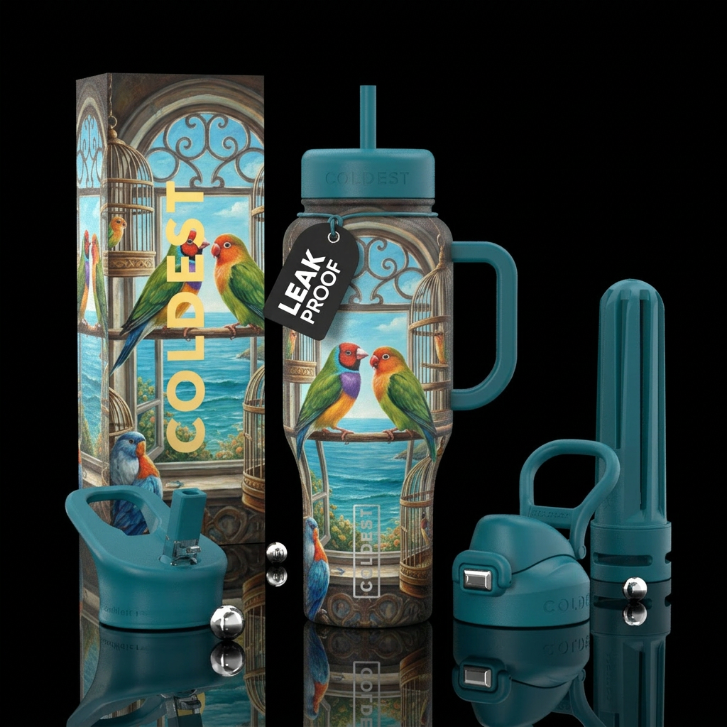 Love birds, Cage, window, ocean view, textured, be... water bottle design