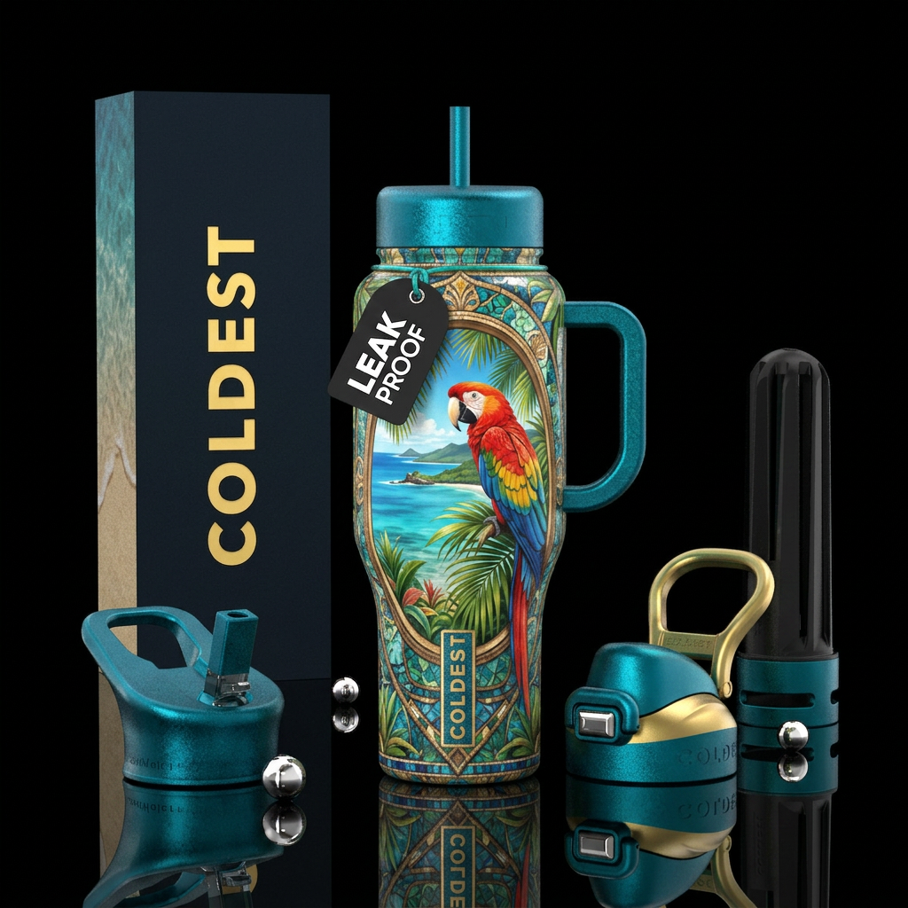 Parrot in Hawaii, window palm tree, Sea view water bottle design