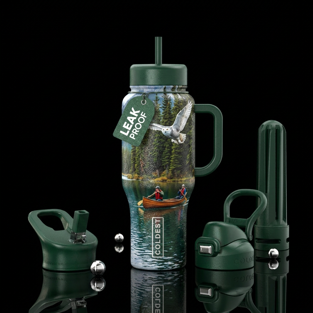 Snow owl, pine tree, Lake, Boat 2 people, textured water bottle design