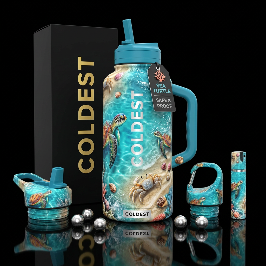 Sea turtle,  Crab on the beach, sand, shells, text... water bottle design