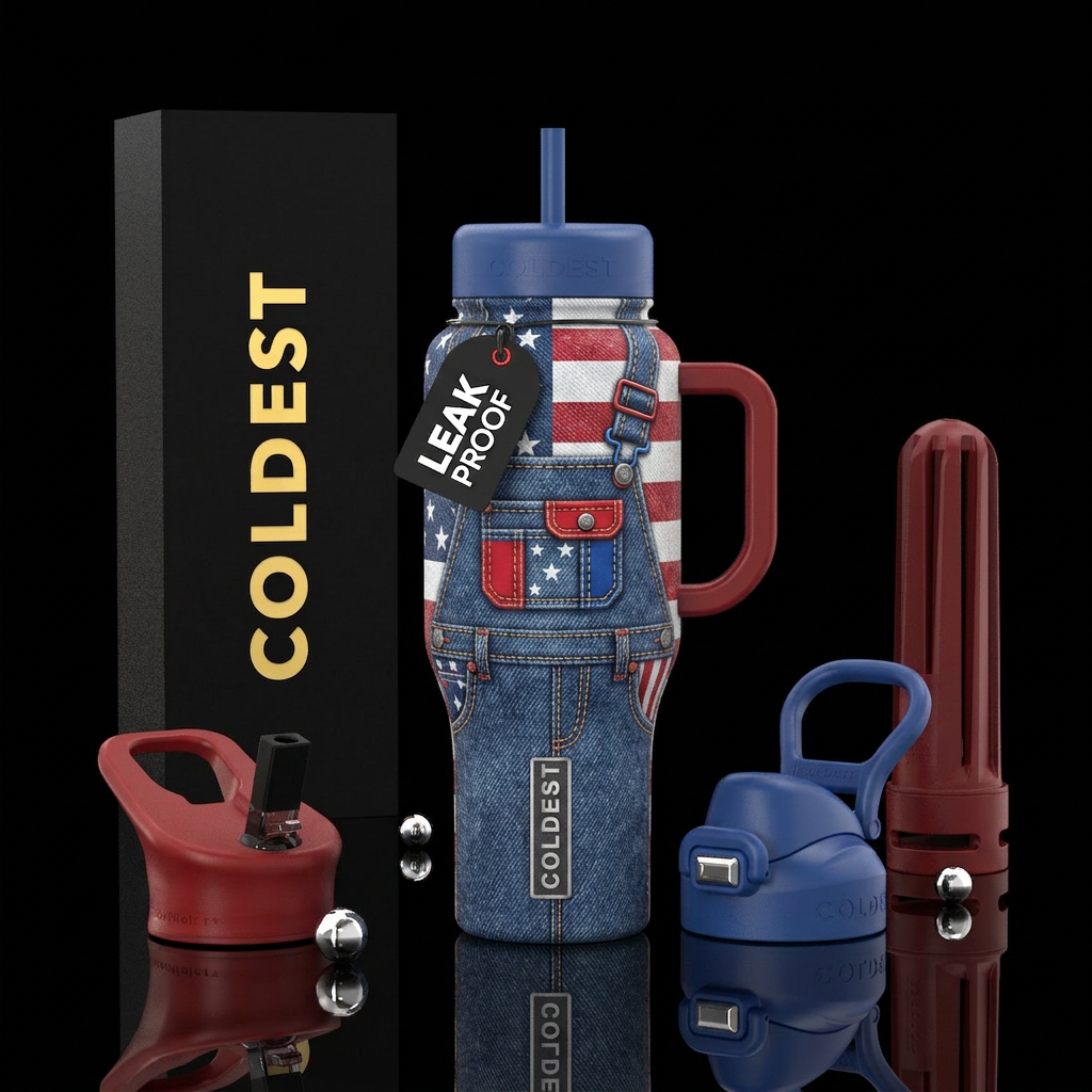 Red white & blue on overalls, textured water bottle design