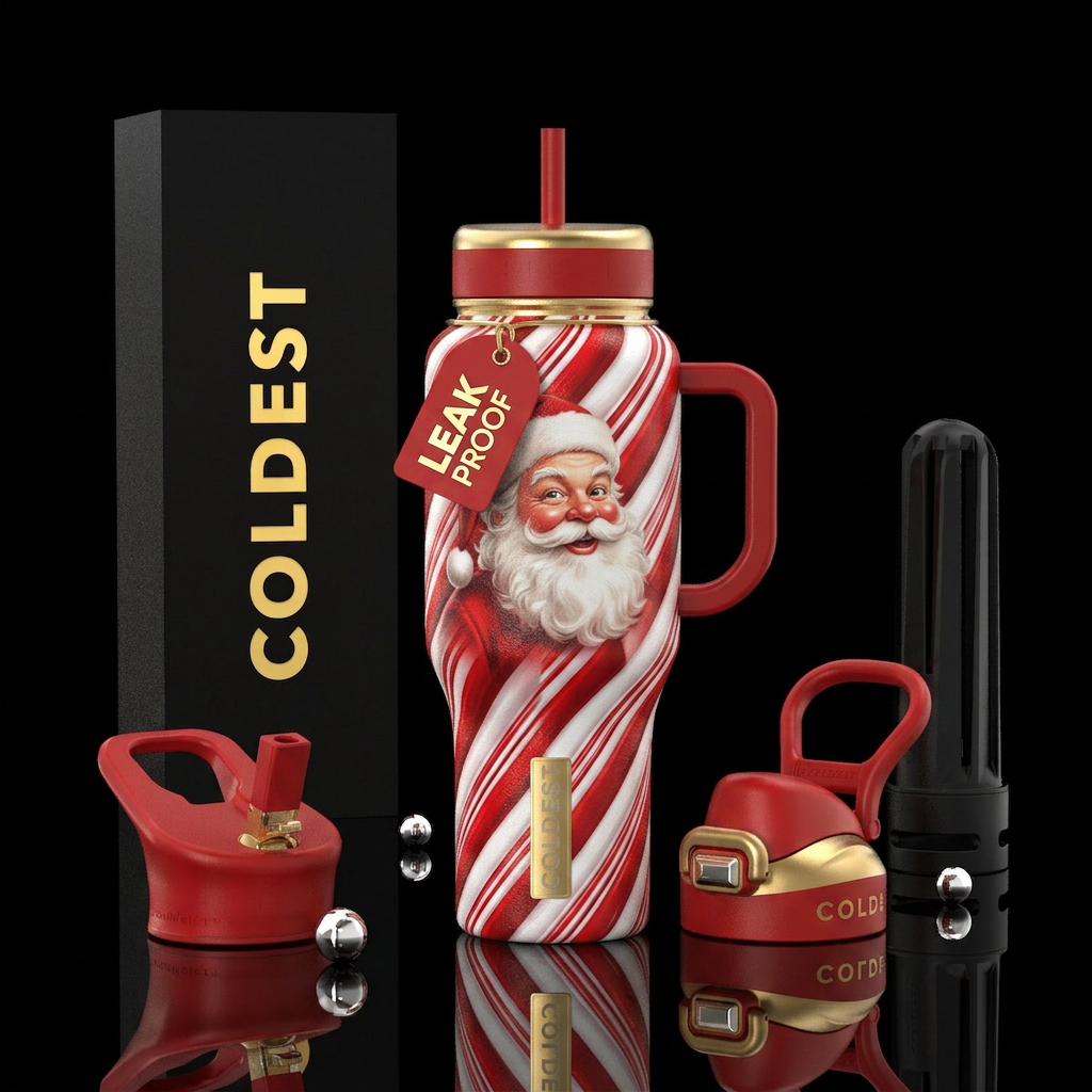Candy Cane colors, Santa, textured water bottle design