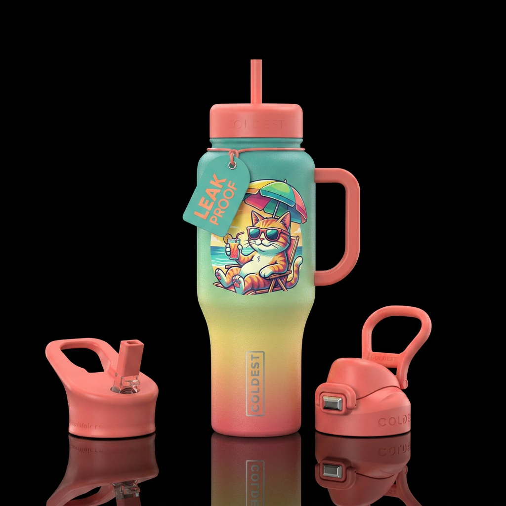 Cst in sunglasses, drink, umbrella, textured water bottle design