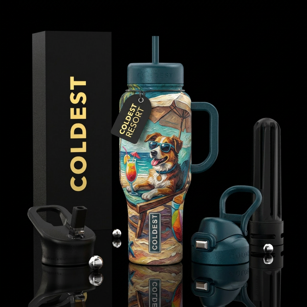 Dog in sunglasses, drink, umbrella, textured water bottle design
