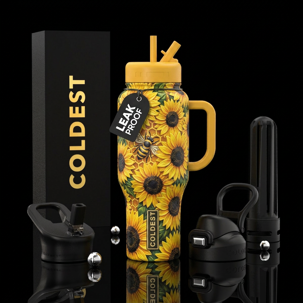Sunflowers, vibrant, bee, textured,  beautiful water bottle design