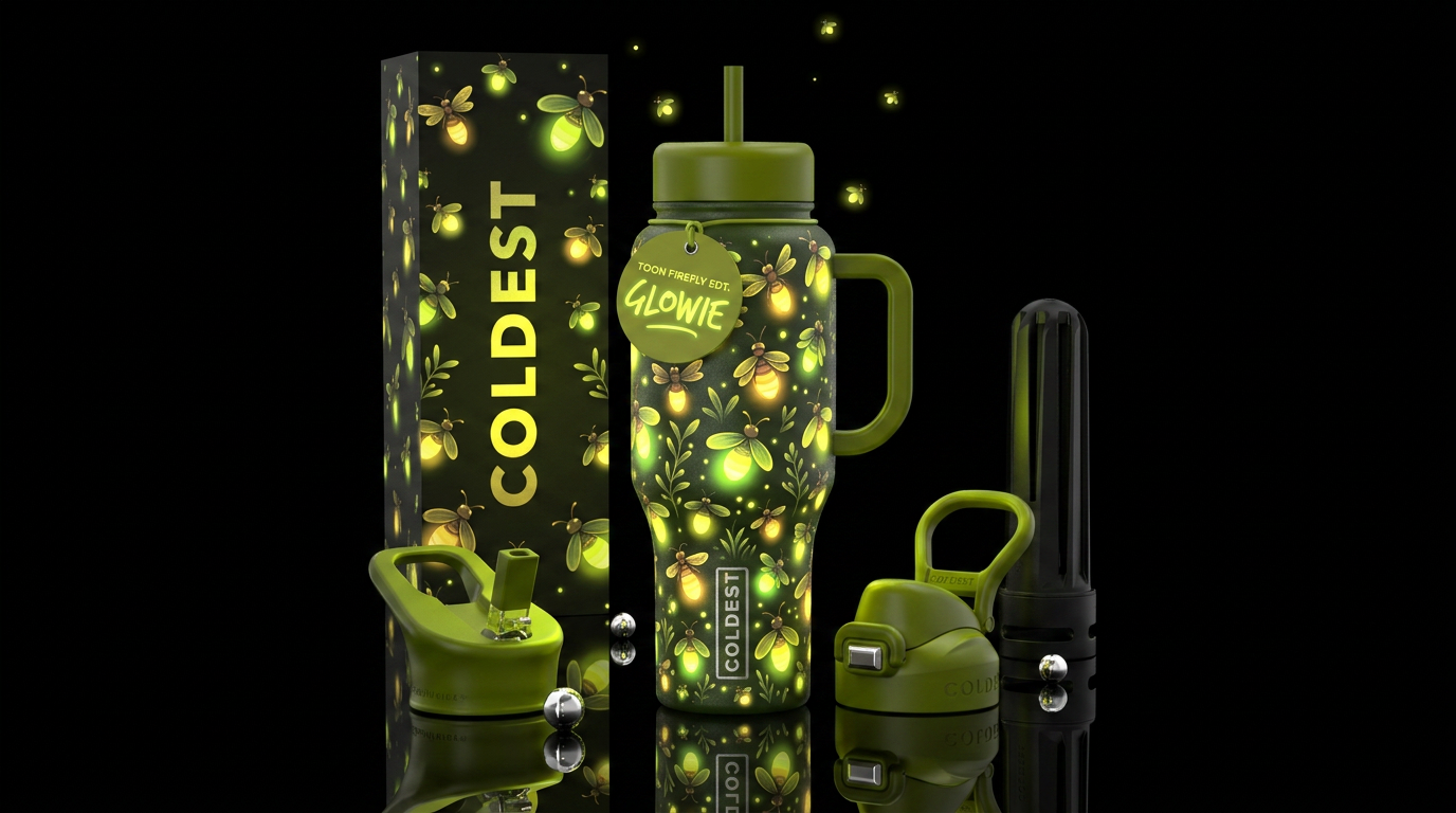 Toon fireflies, textured,  glowie water bottle design