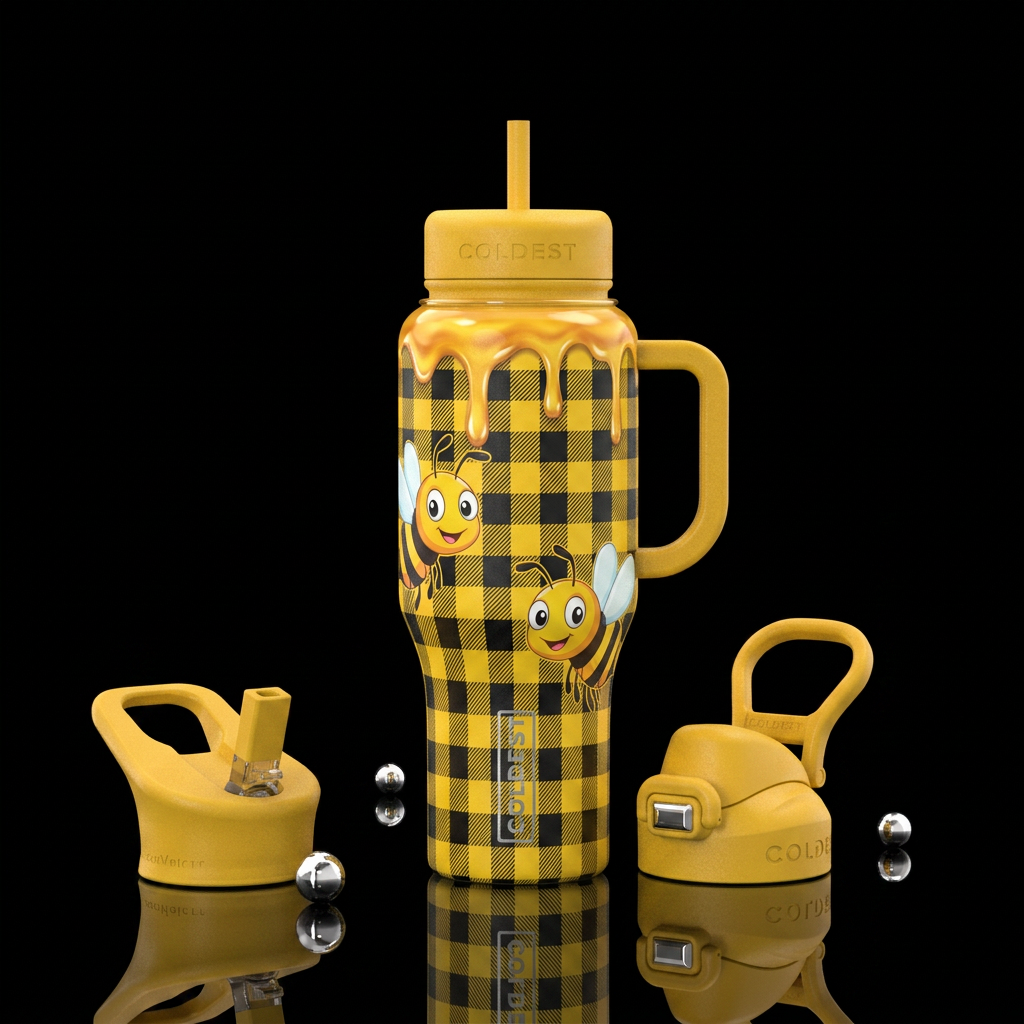 Yellow and black checkers two big toon bees, honey... water bottle design
