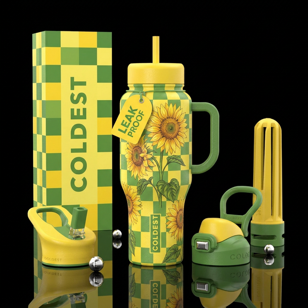 Yellow & green checkers, Sunflowers with stems,lea... water bottle design