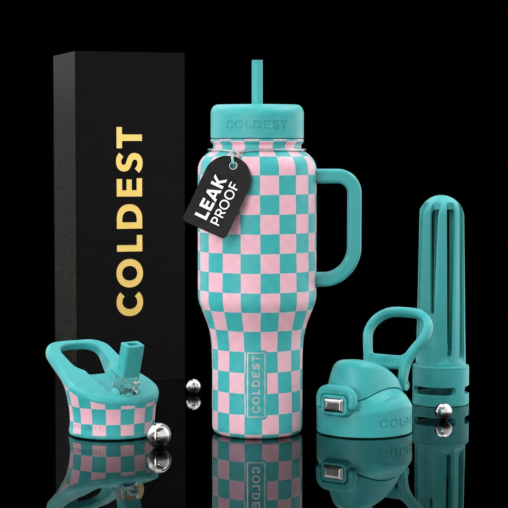 Teal light pink checkers, textured water bottle design