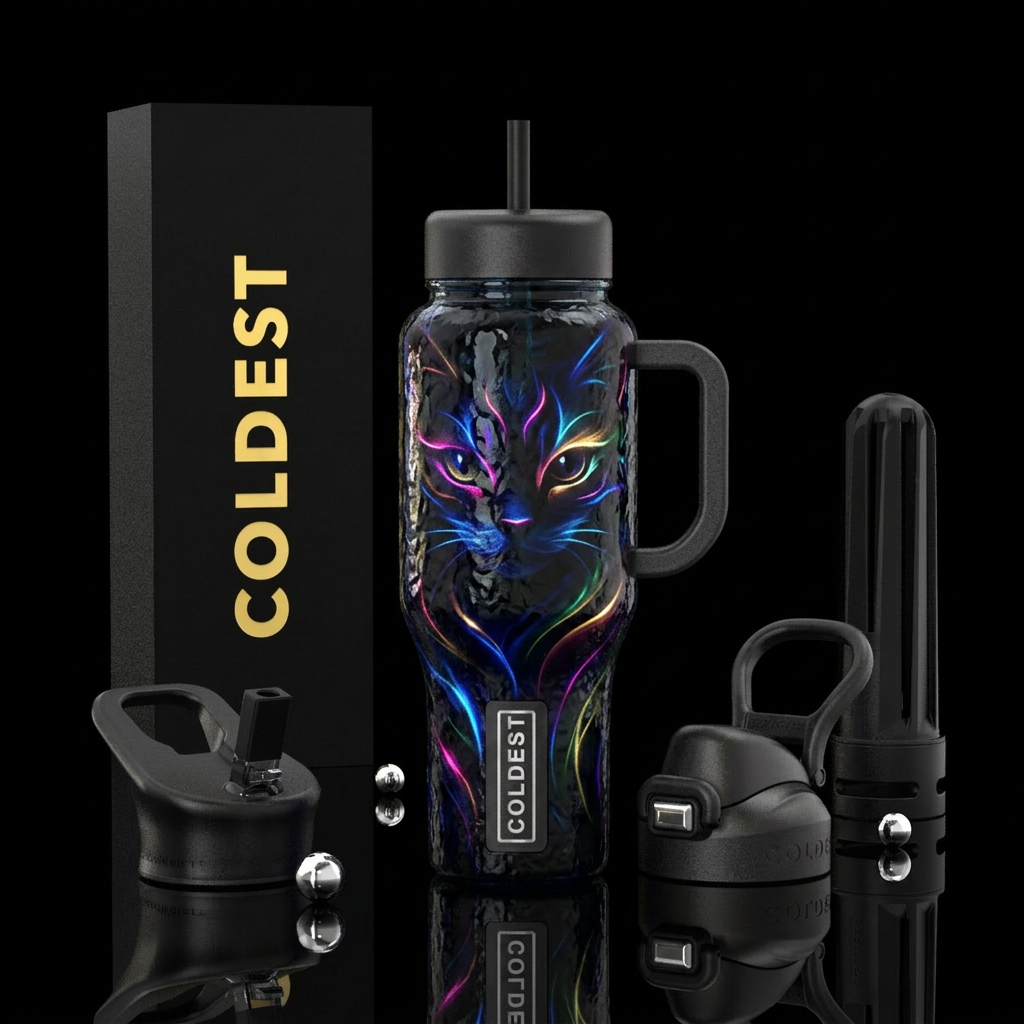 Cat, dark glass, inbued,  shadow, vibrant glow, te... water bottle design