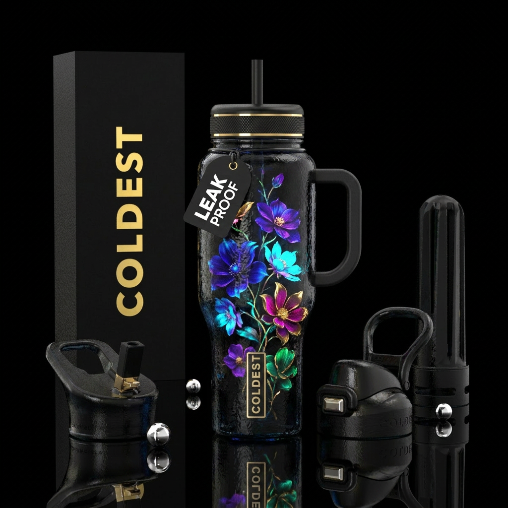 Black glass, shawdow,  inbued, flowers, glowie, te... water bottle design
