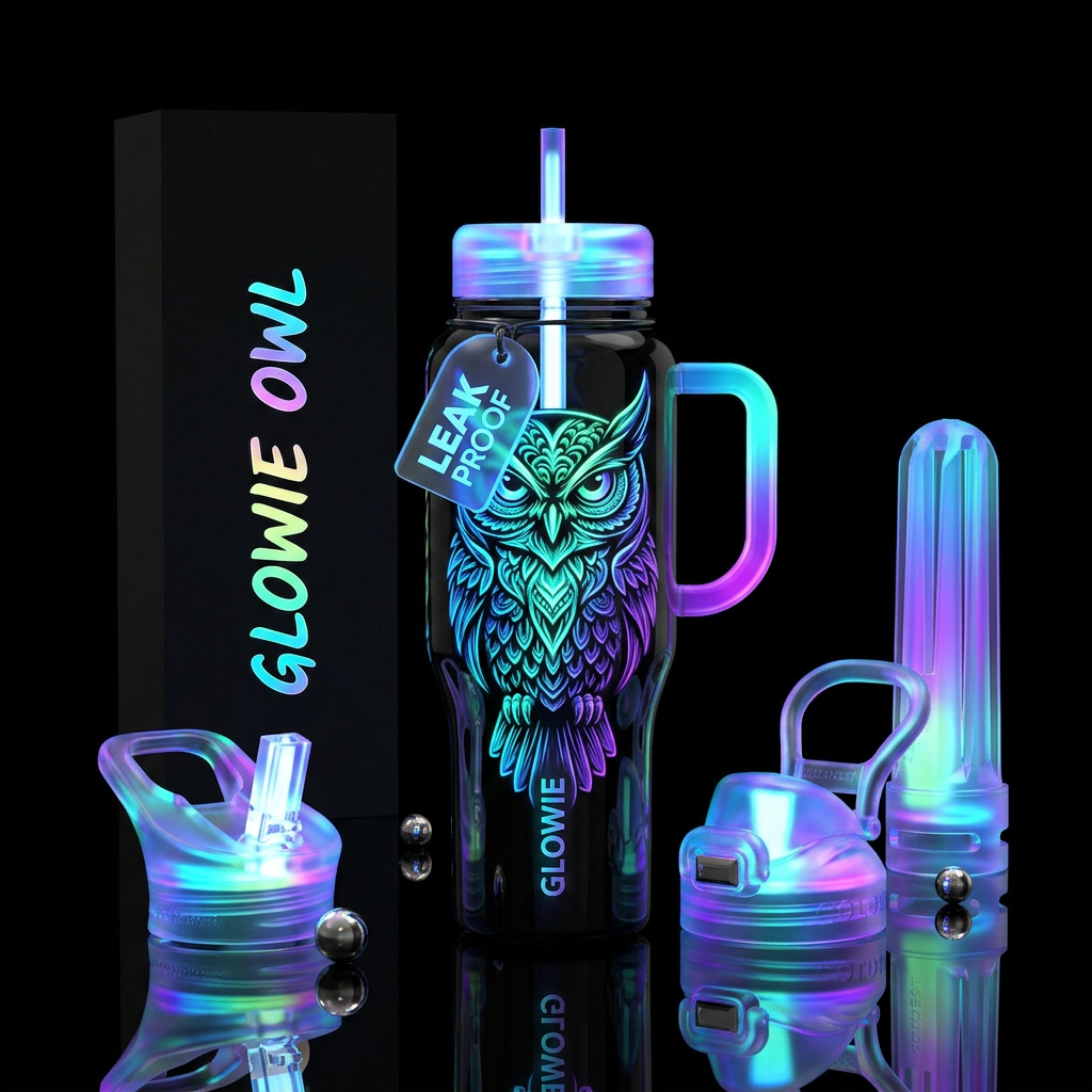 Black glass, shawdow,  inbued, owl, glowie water bottle design