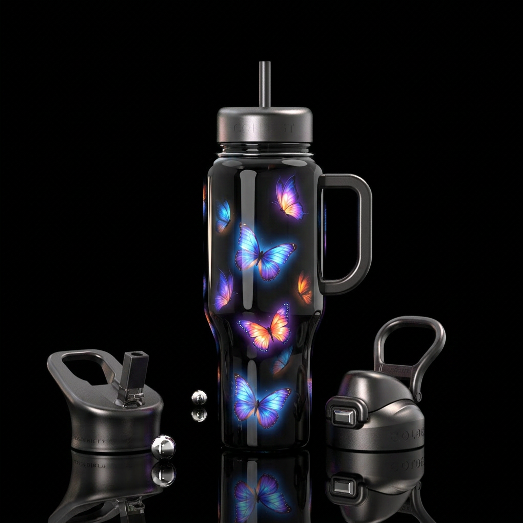 Black glass, shawdow,  inbued, butterflies, glowie water bottle design