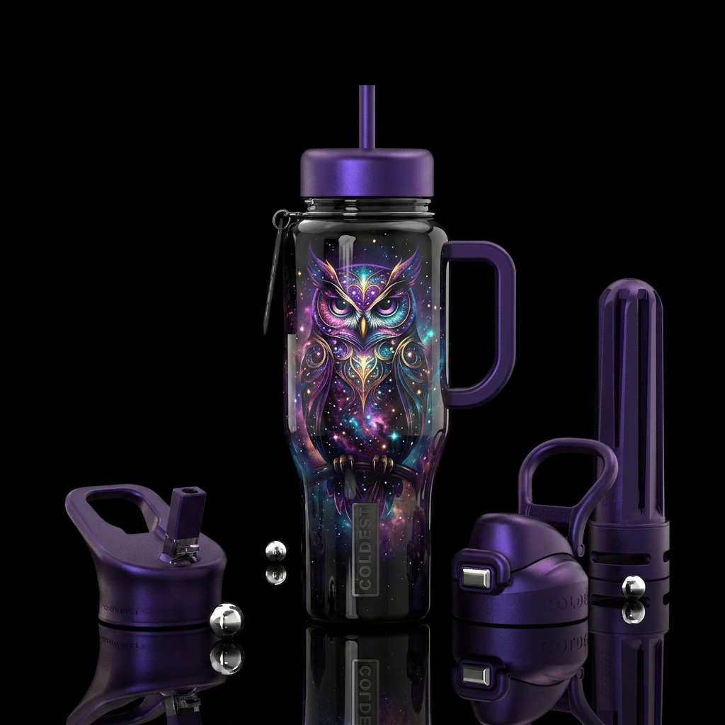 Galaxy glowie owl, black glass, inbued, shadow, water bottle design