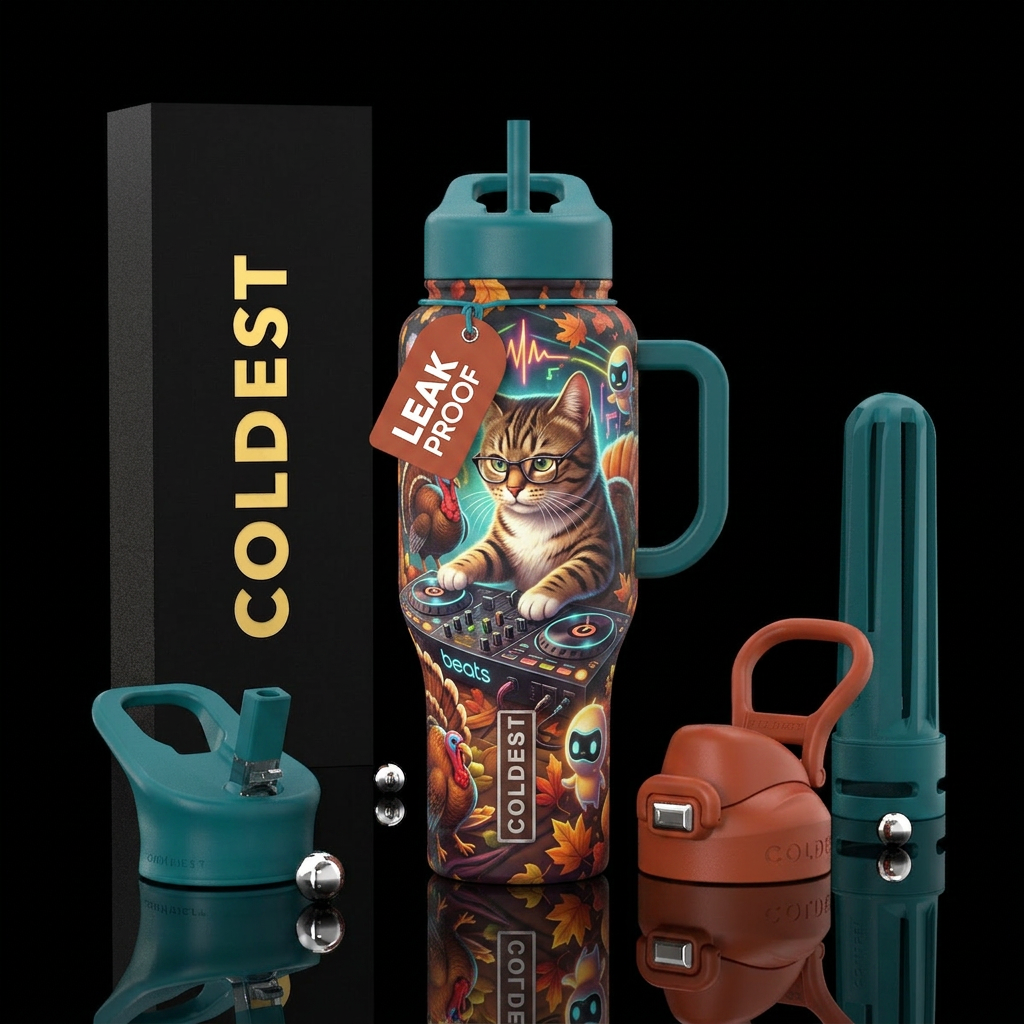 Thanksgiving Cat, beats glowie, vibrant water bottle design