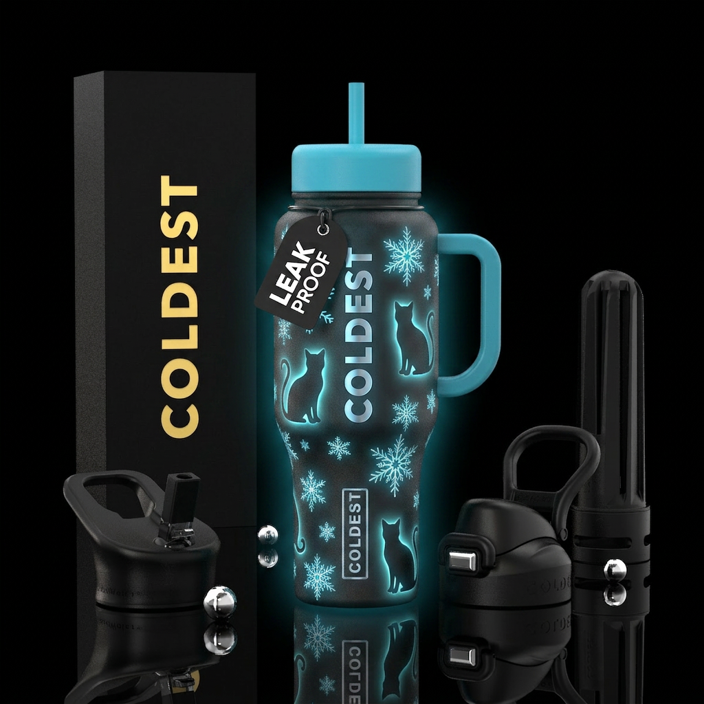 Cats & Snowflakes, logo, glowie,  bright shadow water bottle design