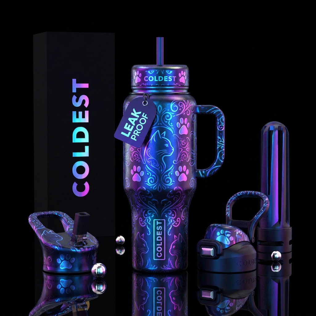 Cats & Paws, logo, glowie, shadow, bright water bottle design
