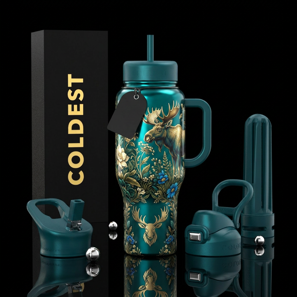 meadow, moose, teal, luxurious water bottle design