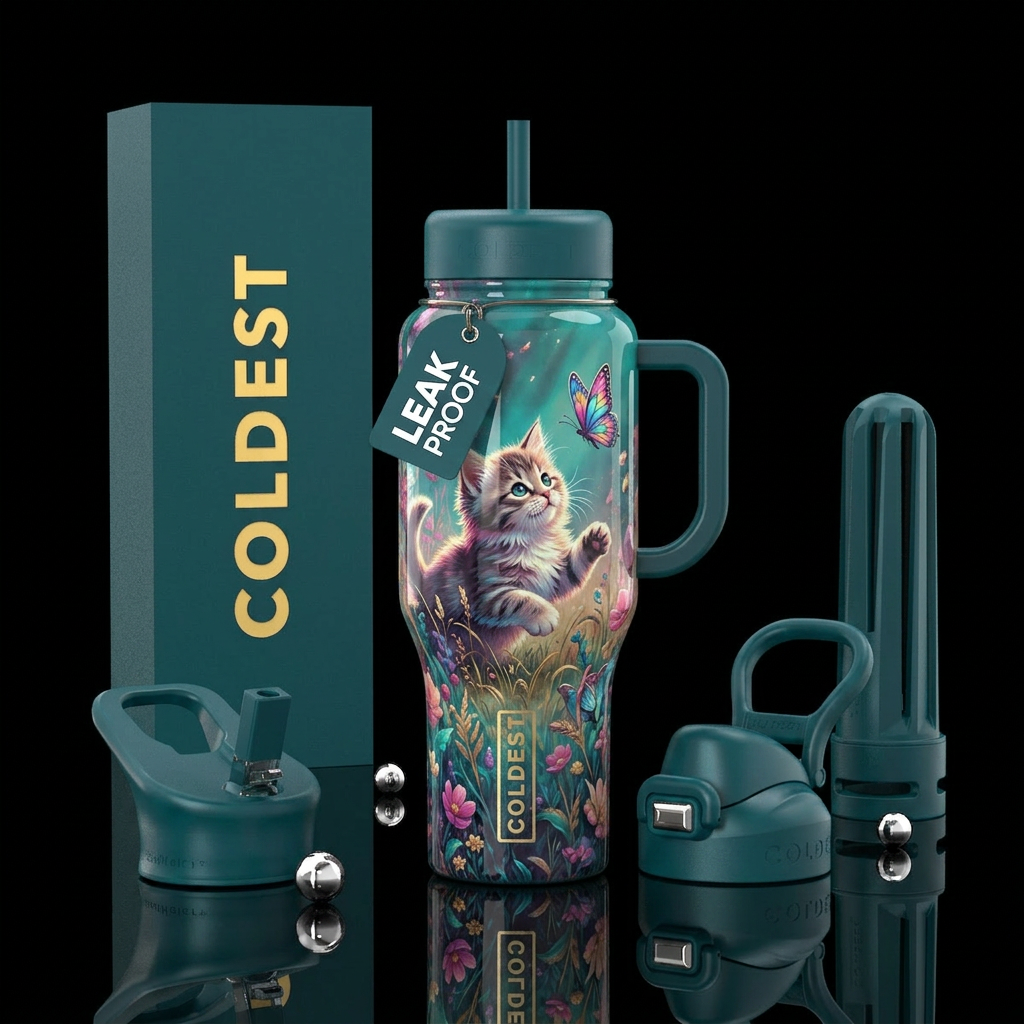 Meadows, kitten, playing, butterfly shiny, luxurio... water bottle design
