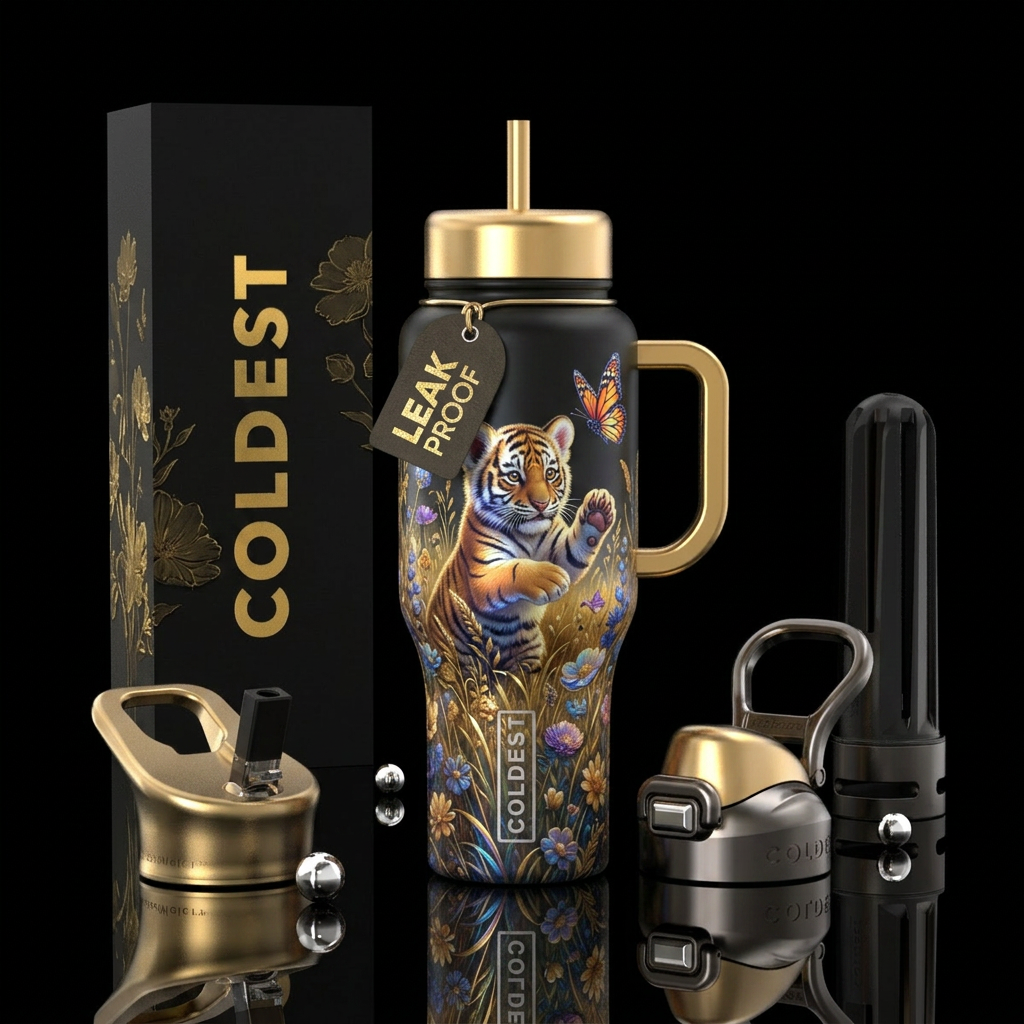 Meadows, baby tiger, playing, butterfly, luxurious... water bottle design