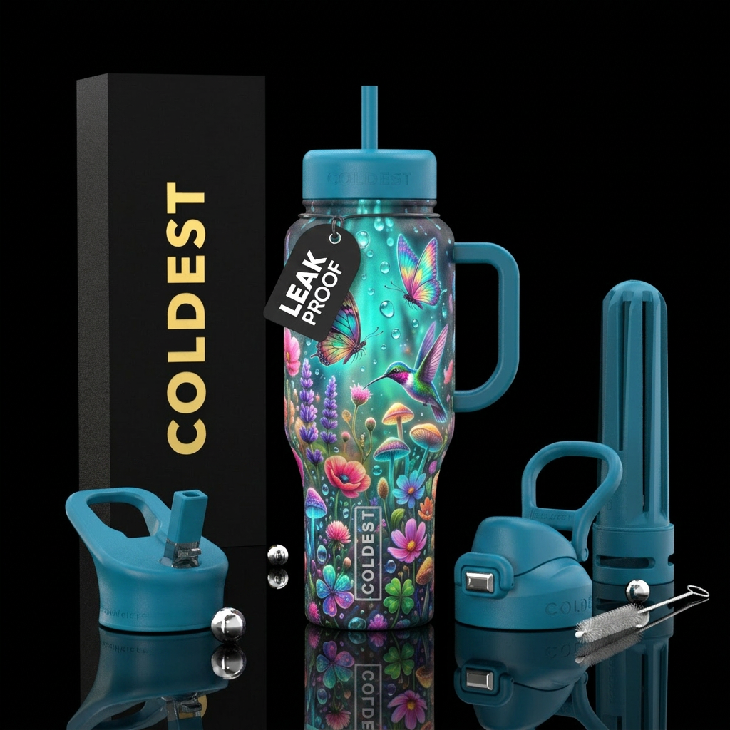 Butterfly, hummingbird, meadows, glowie, vibrant c... water bottle design